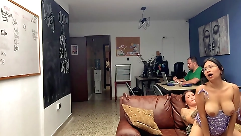 Busty brunette with a nice body getting fucked in the office