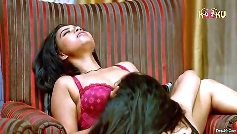 Lesbian threesome porn video with a hot brunette and her busty gf