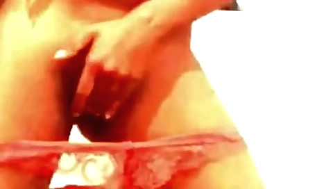 Sexy brunette in red bikini and sex dance on webcam