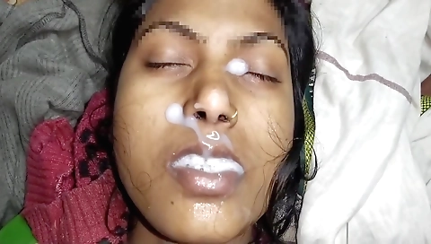 Amateur brunette gets a facial and a face full of cum