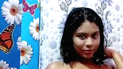 Busty brunette naked bathing solo with a big boobie