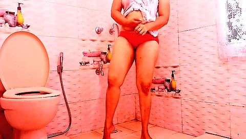 Sexy babes in black stockings and panties takes a shower in her room