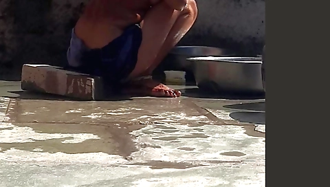 Indian stepsister-in-law takes bath near the forest