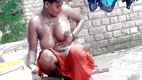 Sexy indian woman with huge breasts masturbates outdoors
